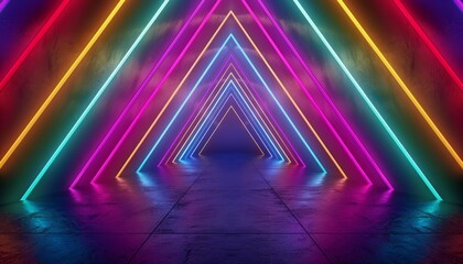 Fototapeta premium Vibrant Neon Triangle Tunnel with Colored Lights and Reflective Floor