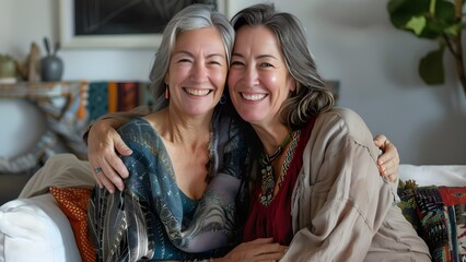 Obraz premium senior mother and daughter sitting together with happiness
