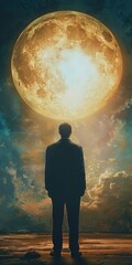 Fototapeta premium Silhouette of a man standing under a large glowing moon in a cloudy, starry night sky, creating a dreamy and surreal atmosphere.