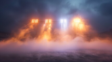 Obraz premium Stadium floodlights illuminating through dense fog during night, creating a dramatic and mystical atmosphere under dark, cloudy skies.