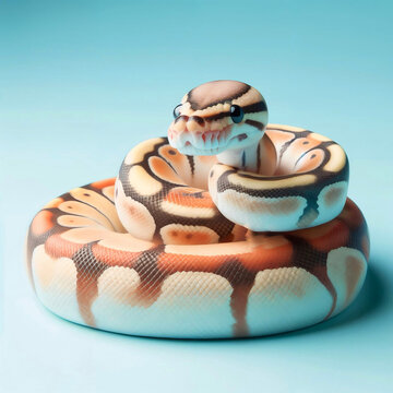 A ball python sitting on a baby blue background with space above for text