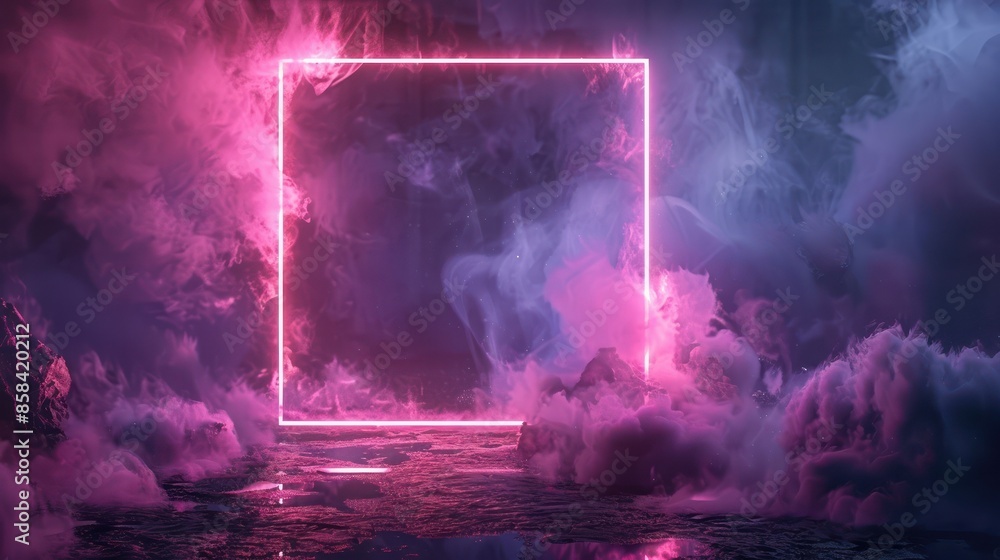 Poster surreal neon pink square frame floating amidst dreamy clouds with ethereal lighting, creating a myst