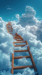 Surreal wooden ladder ascending into fluffy clouds, symbolizing dreams, aspirations, and the journey to the sky. Ideal for inspirational themes.