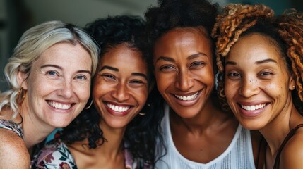 A diverse group of women smiling and enjoying a moment of togetherness, showcasing friendship and happiness.