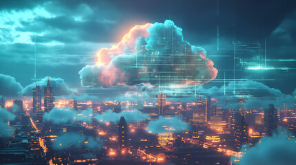 Fototapeta premium Visualize the concept of cloud and edge computing integration. Depict a futuristic scene where a central cloud data center