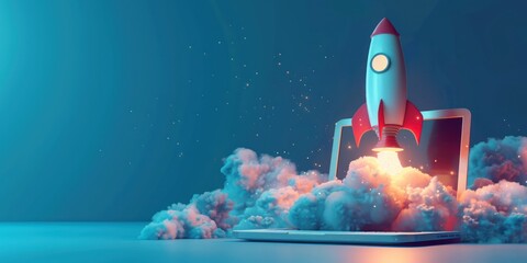 A computer screen with a rocket launching from it, symbolizing innovation and the start of new projects in a futuristic concept.