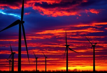 Obraz premium vibrant sunset glow silhouettes wind turbines horizon, colorful, dusk, shadows, evening, sky, orange, red, yellow, black, outlines, sunrise, bright, shine