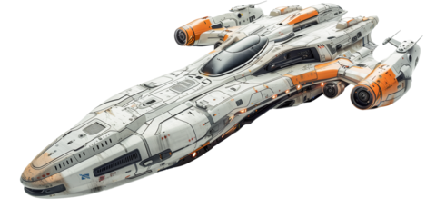A sleek, futuristic spaceship with a white and orange color scheme, featuring detailed panels and thrusters. Perfect for sci-fi themes.
