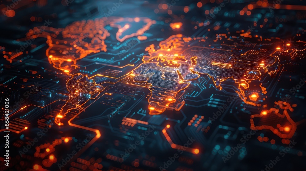 Aufkleber futuristic world map with glowing digital circuits, representing global technology and communication