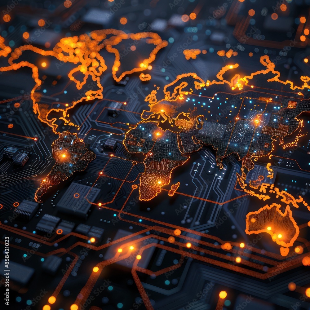Aufkleber futuristic world map with glowing connections representing global digital data and technology on dar