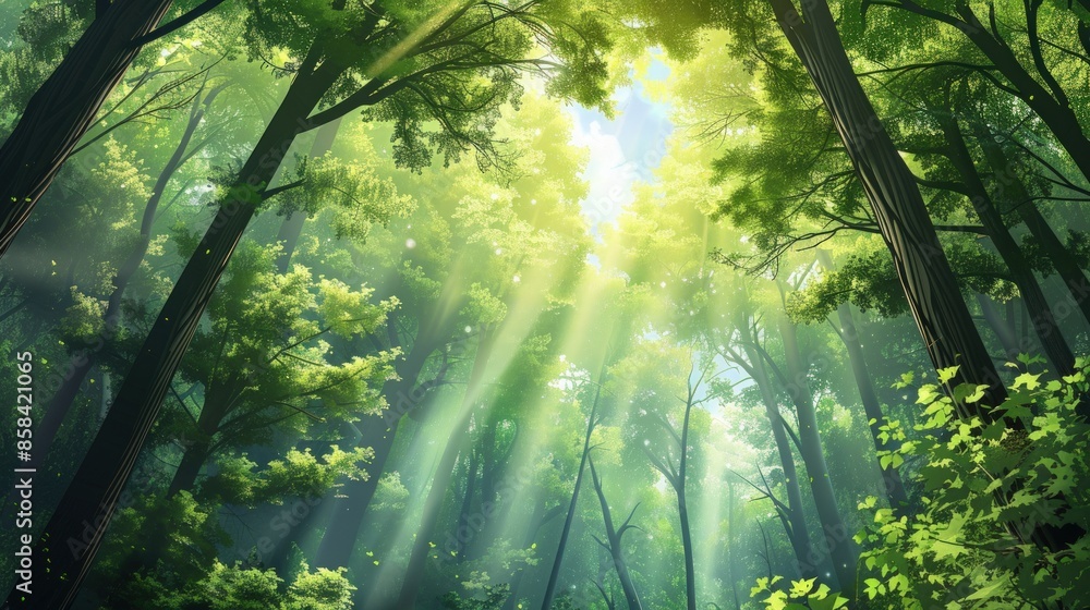 Poster a forest with sunlight shining through the trees. generate ai image