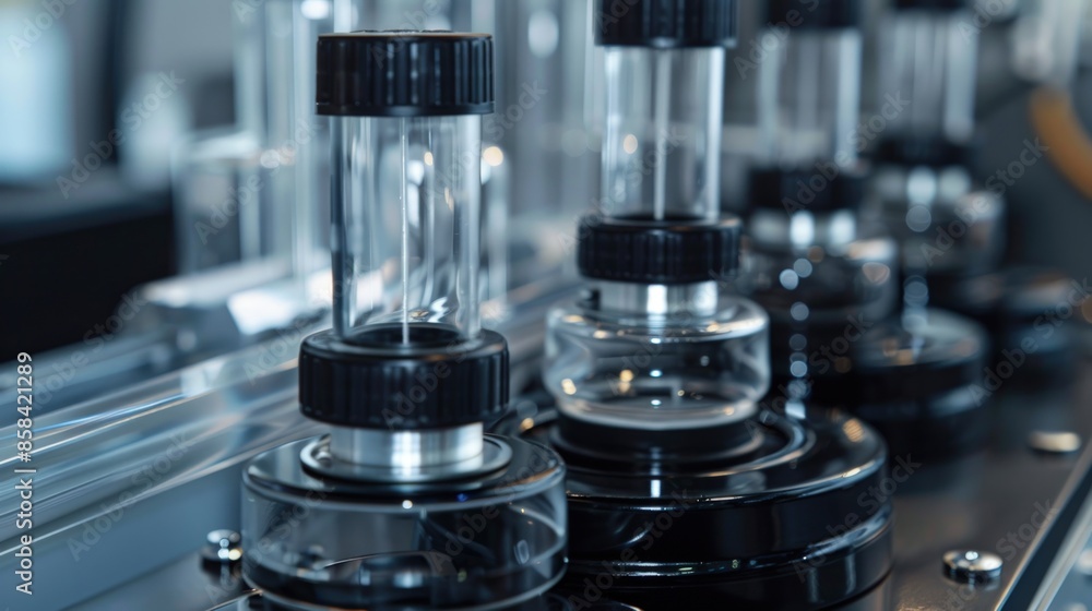 Poster a bottle of liquid is being filled into a bottle with a black cap. generate ai image