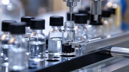 Fototapeta premium A bottle of liquid is being filled into a bottle with a black cap. Generate AI image