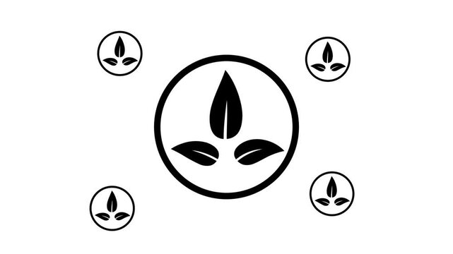 Zoom in and out animation the ecology symbol. Large black symbol in the center and four small symbols around. Seamless looped 4k animation on white background