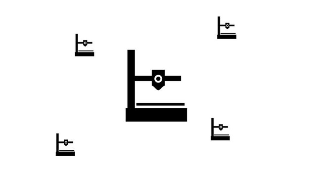 Zoom in and out animation the small 3D printer symbol. Large black symbol in the center and four small symbols around. Seamless looped 4k animation on white background