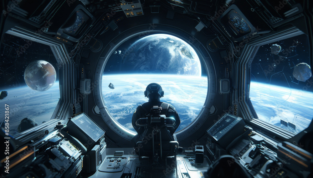 Canvas Prints a man is sitting in a spaceship cockpit looking out at the earth by ai generated image