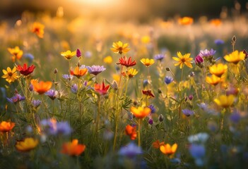 vibrant wildflowers blooming sunlit meadow, petals, flora, landscape, growth, plant, summer, natural, scenic, flourishing, garden, plants, blooms, colorful