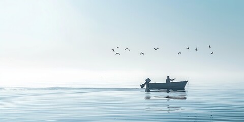 Obraz premium A single fisherman is shown in a small motorboat, navigating the smooth, calm waters, with seagulls flying overhead against a serene, early morning sky, emphasizing tranquility.