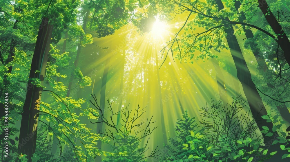 Poster a forest with sunlight shining through the trees. generate ai image