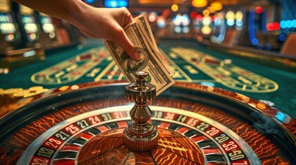 Casino employee holding dollars, banknotes, revenue, casino, roulette, table, win, gambling game