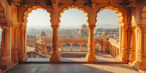 A view of grand ancient architecture overlooking a historic town with monuments and golden hues, capturing the timeless beauty and cultural richness of a bygone era.