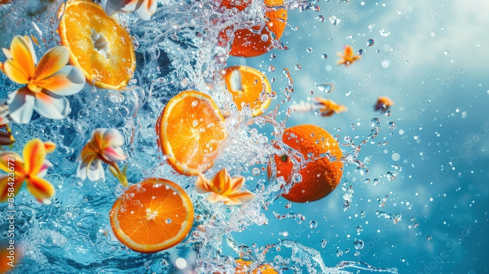 Poster a splash of water with a few orange slices and a flower. generate ai image
