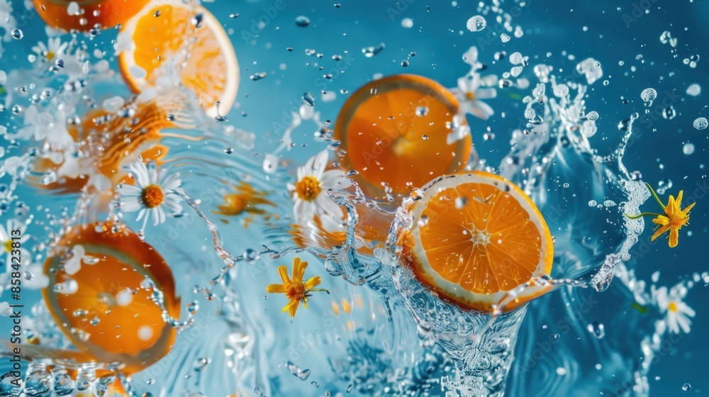 Poster a splash of water with a few orange slices and a flower. generate ai image