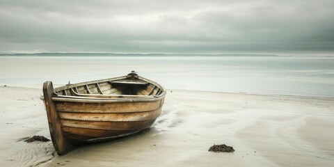 Naklejka premium A solitary wooden boat rests on a sandy beach beneath a cloudy sky, evoking feelings of solitude and contemplation amidst the vast and serene coastal landscape.