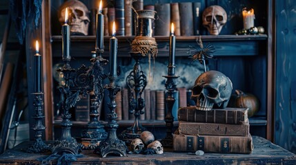 Gothic halloween decor with candelabras and skulls