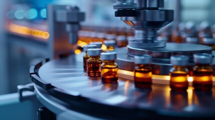 
Close-up of medical vials moving on a conveyor belt in a state-of-the-art pharmaceutical production facility, with advanced machinery and sterile conditions.