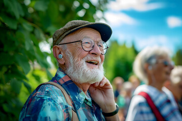Happy senior man with a group of friends hearing aid relaxing at garden party. summer ambiance. Advertising, commercial.