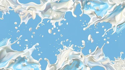 Milk splash seamless pattern. 3d realistic yogurt wave border on blue background. Vector milk package design.