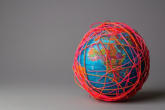 A conceptual image of a globe tightly wrapped with elastic bands on a neutral background