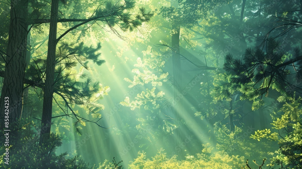 Poster a forest with sunlight shining through the trees. generate ai image