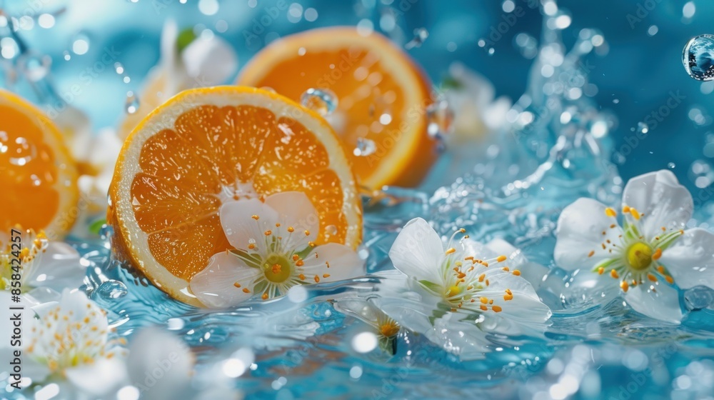 Poster a splash of water with a few orange slices and a flower. generate ai image
