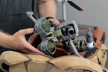 Obraz premium Closeup Army drone with grenades release device, concept for using UAVs in war