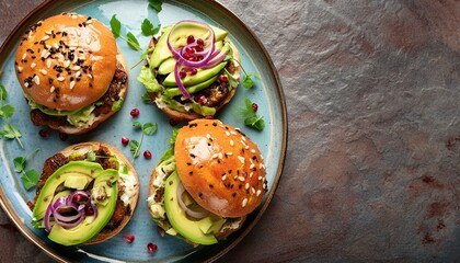 Depict a selection of gourmet burgers with unique toppings like blue cheese, caramelized onion