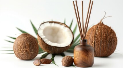 Coconut scented reed diffuser for home ambiance with tropic freshness on white background
