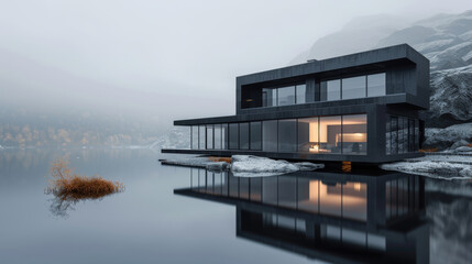 Fototapeta premium a modern house on a lake in the mountains, lights are on in the windows, the house is reflected in the water