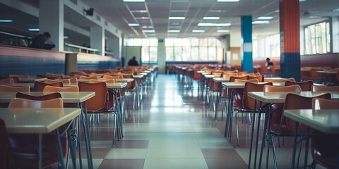 A quiet and spacious school cafeteria featuring rows of orange and beige chairs and tables, bathed in natural light from large windows, evoking a sense of calm and expectancy.