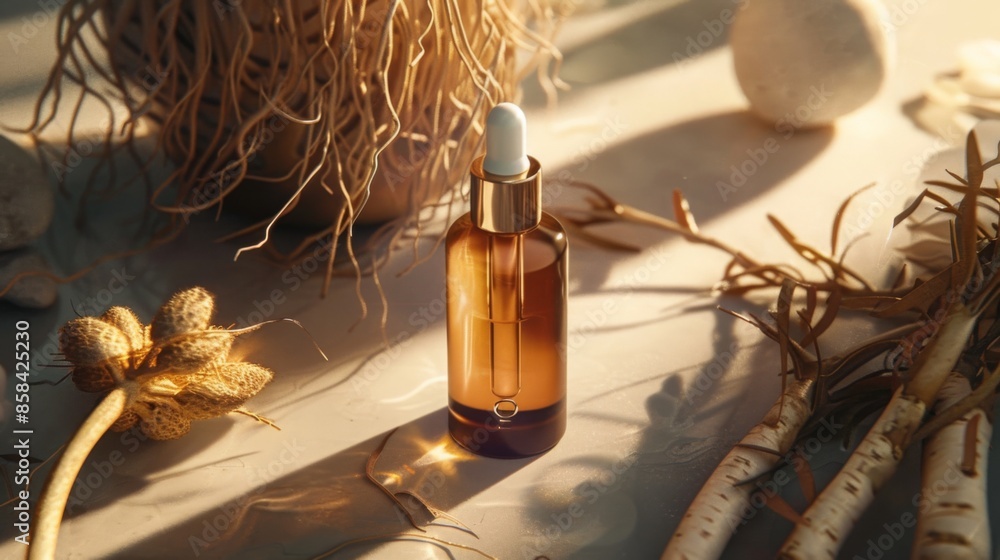 Poster glass dropper bottle with golden cap on white surface, surrounded by dried plants and branches. warm