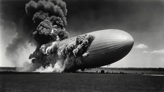 old zeppelin, like the Hindenburg, crashing in flames black and white video animation