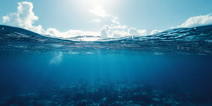 A breathtaking view of a clear ocean surface under a bright sky, with sunlight illuminating the visible sea floor, portraying tranquility and the vastness of nature.