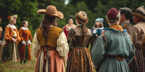 Obraz premium A group of individuals dressed in historical European costumes participating in an outdoor event, capturing a sense of history, community, and cultural reenactment.