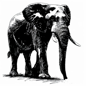 A black and white drawing of an elephant on a white background