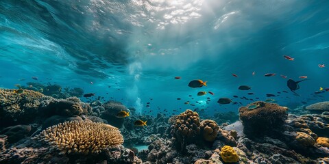 Obraz premium An underwater view of a diverse coral reef habitat, with a variety of fish species swimming amidst vibrant corals, showcasing the underwater world's rich ecological diversity.