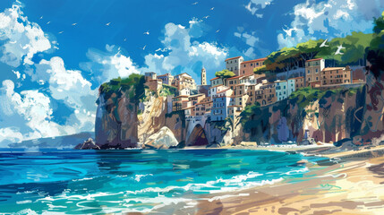 beautiful beach with houses on top of cliff, beautiful italian town in the background, digital art style, illustration painting