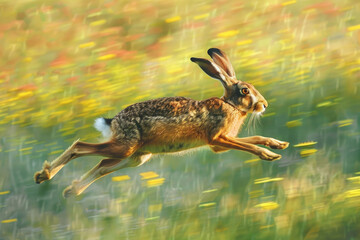 A hare sprints across a meadow, its legs a blur of motion