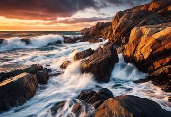 Obraz premium picturesque rocky shore crashing waves, ocean, sea, water, coast, shoreline, beach, rocks, boulders, cliffs, rugged, horizon, erosion, seascape, tranquil