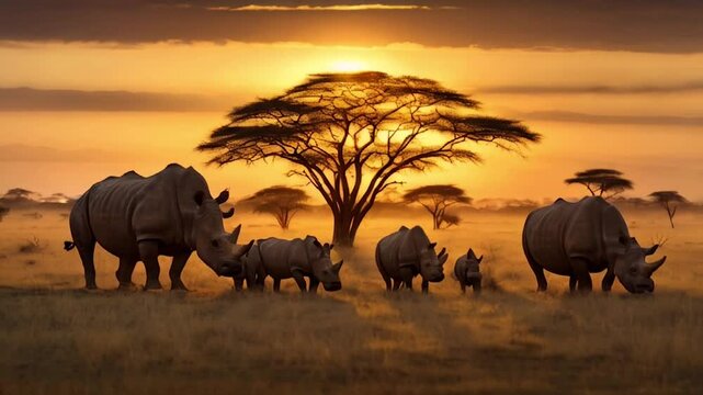 sun rises over the African plains, a family of rhinos, hippos, and buffalo graze peacefully